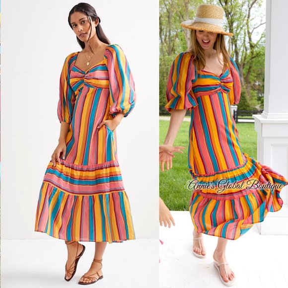 RARE NWT ANTHROPOLOGIE FARM RIO Rainbow Striped Flounced Midi Dress. Size L - Picture 5 of 16
